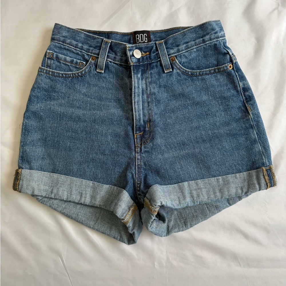 BDG Medium Blue High-Rise Rolled Hem Jean Shorts 25